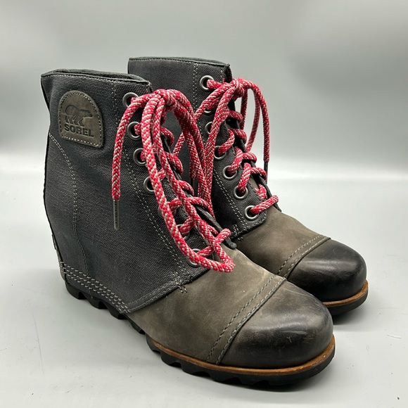Sorel Shoes - SOREL PDX GRAY LEATHER CANVAS LUG SOLE HIDDEN WEDGE HEEL LACE UP BOOT SIZE 8.5